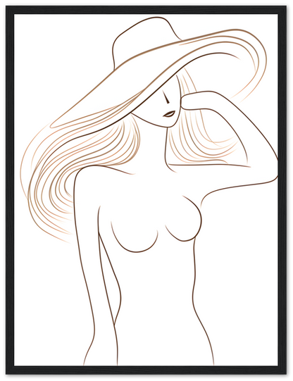 A stylized line drawing of a woman with a hat, framed as artwork.