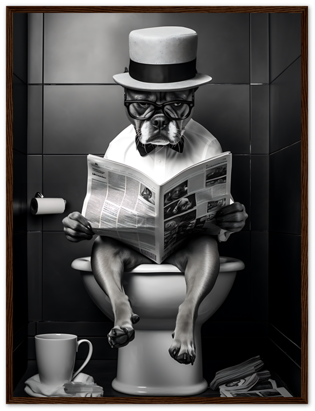 A dog with glasses and a hat reading a newspaper on a toilet.