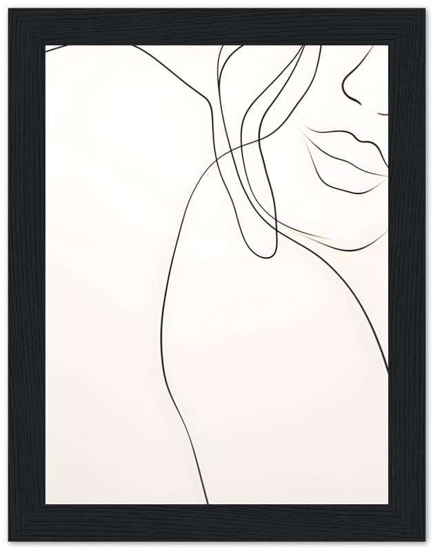 Abstract line art of a woman's profile in a black frame.