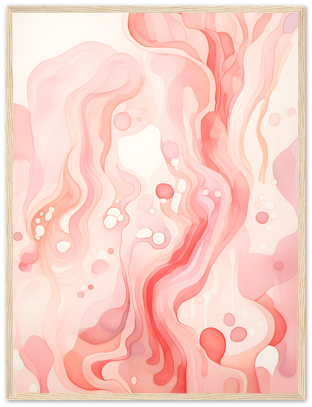 Abstract pink and white flowing patterns with bubbles in a framed artwork.