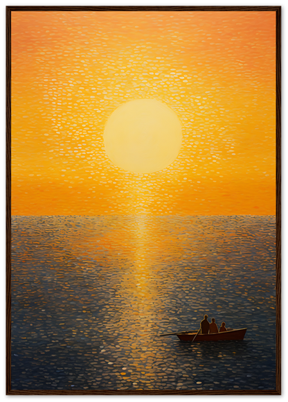 "Painting of two people in a boat on a calm sea at sunset with the sun reflecting on water."