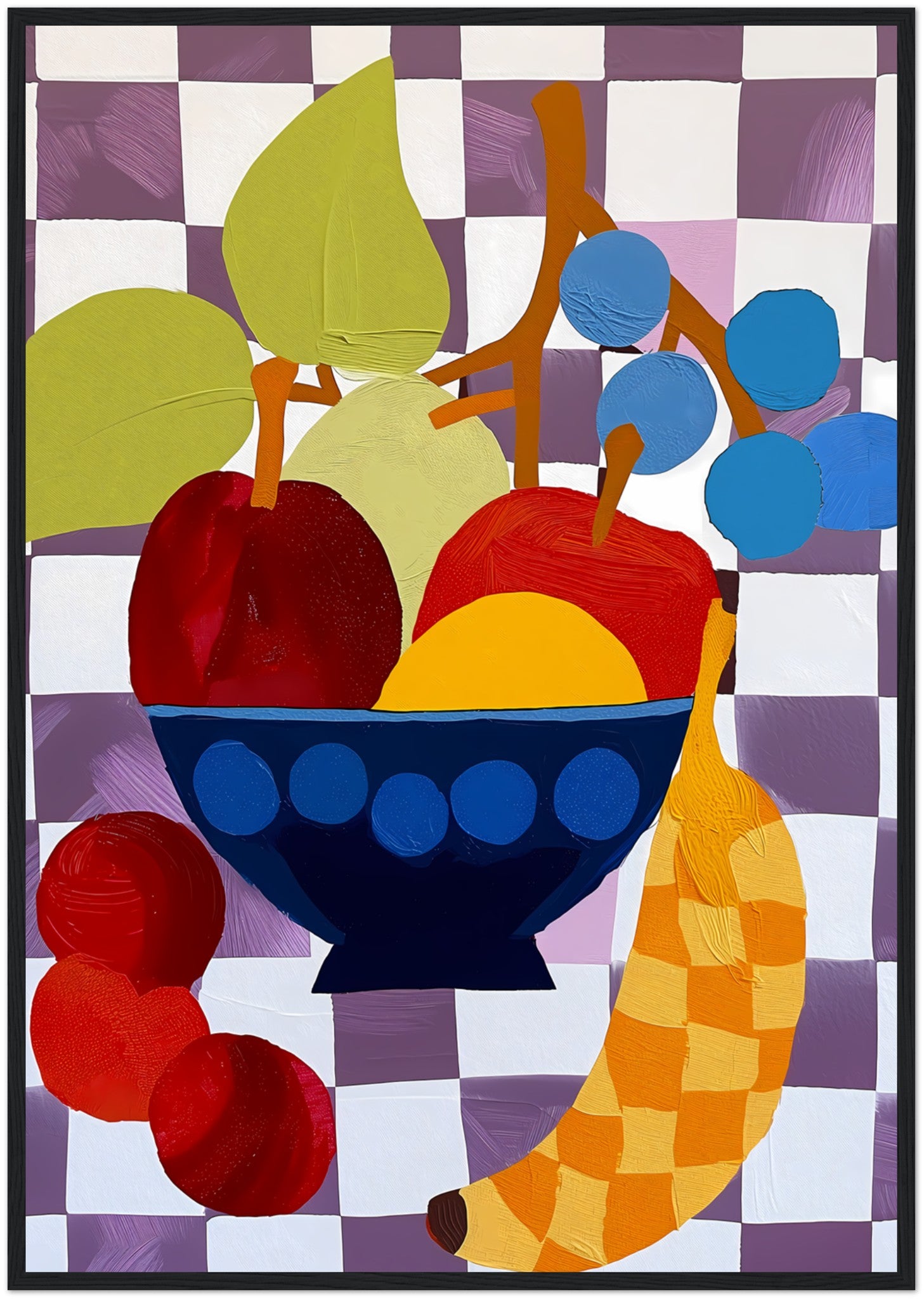 Abstract artwork of a fruit bowl with colorful, stylized shapes.