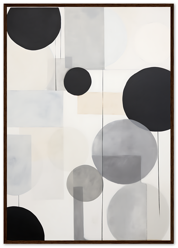 Abstract art with overlapping circles and semicircles in monochrome tones with a textured frame.