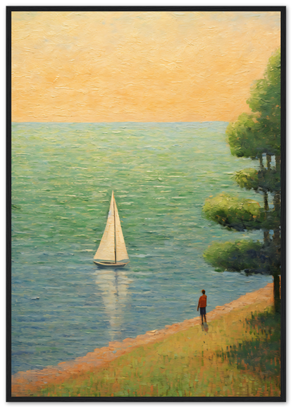 Painting of a person standing by a lake watching a sailboat at sunset.