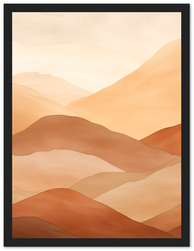 Abstract mountain landscape artwork in warm tones with a dark wooden frame.