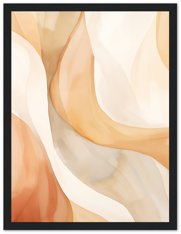 Abstract art piece with warm beige and orange swirls in a black frame.