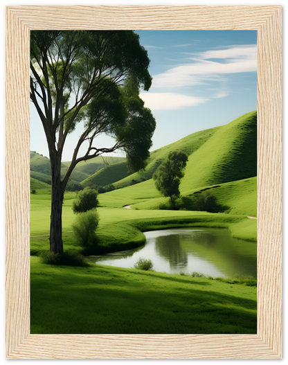 A serene landscape with a tree beside a winding river through green hills.