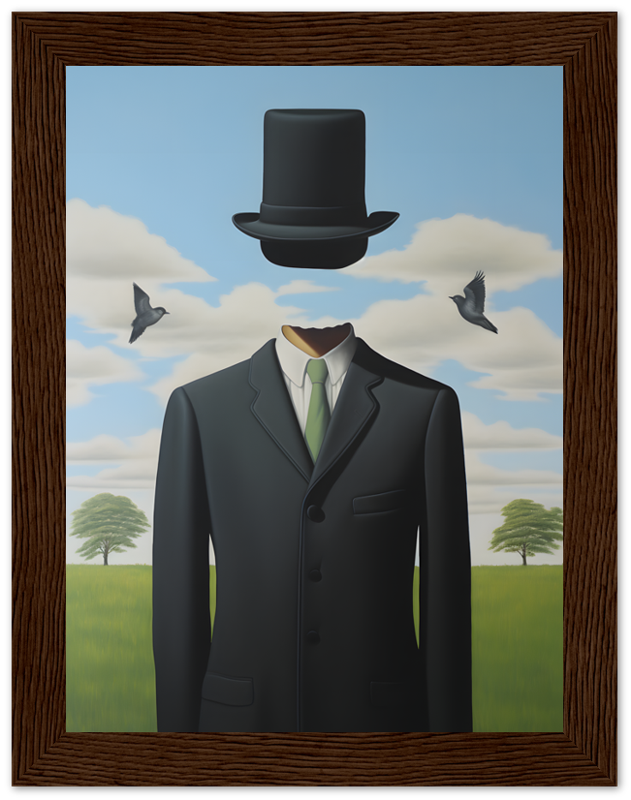 Painting of a suit and a floating hat with birds and sky background.