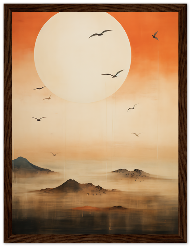"Painting of birds flying over misty mountains at sunset, framed in wood."