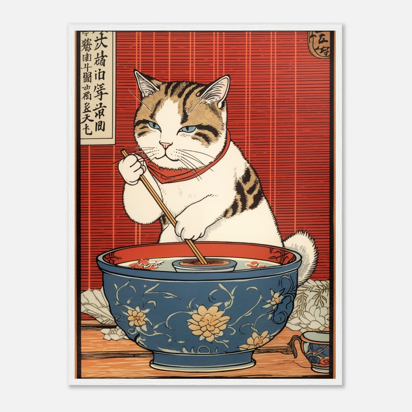 A traditional Japanese woodblock print of a cat eating from a bowl with chopsticks.