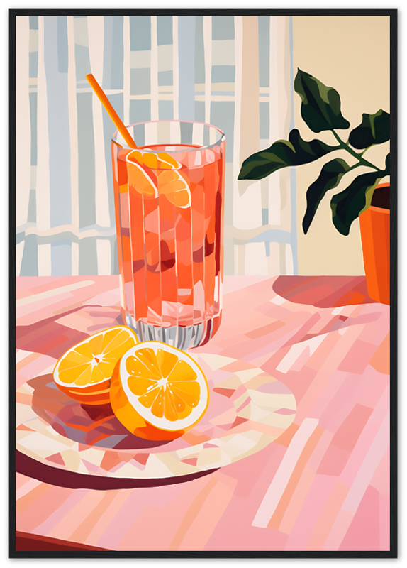 Illustration of a glass of orange drink with a straw, sliced oranges, and a plant on a table.