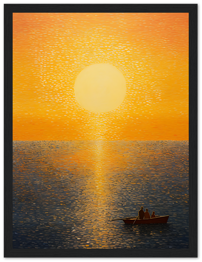 Sunset over water viewed through a window frame, with a silhouette of two people in a boat.
