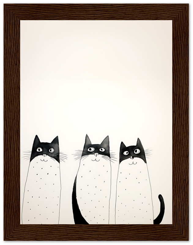 Three cartoon cats with prominent whiskers inside a wooden frame.