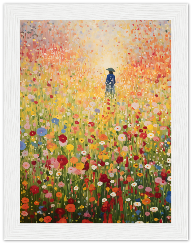 A painting of a person standing amidst a vibrant field of flowers displayed in a white frame.