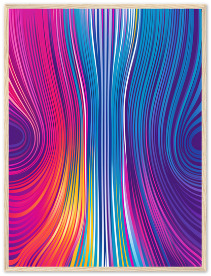 A framed abstract artwork with vibrant blue and pink wavy lines.