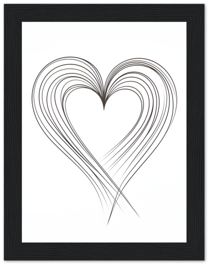 A black and white abstract art piece of a heart shape in a frame.