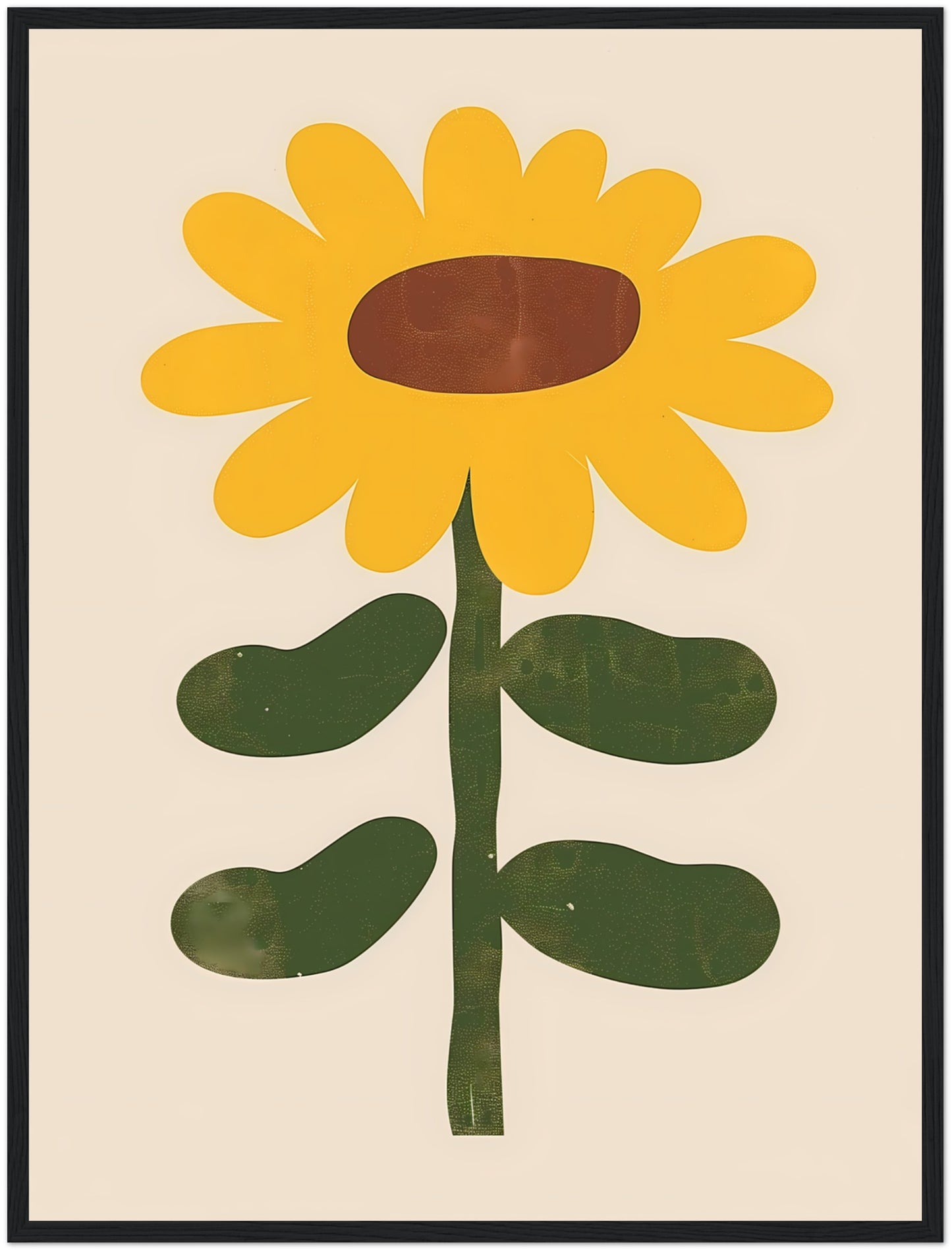 A framed illustration of a simple, stylized yellow sunflower with green leaves.