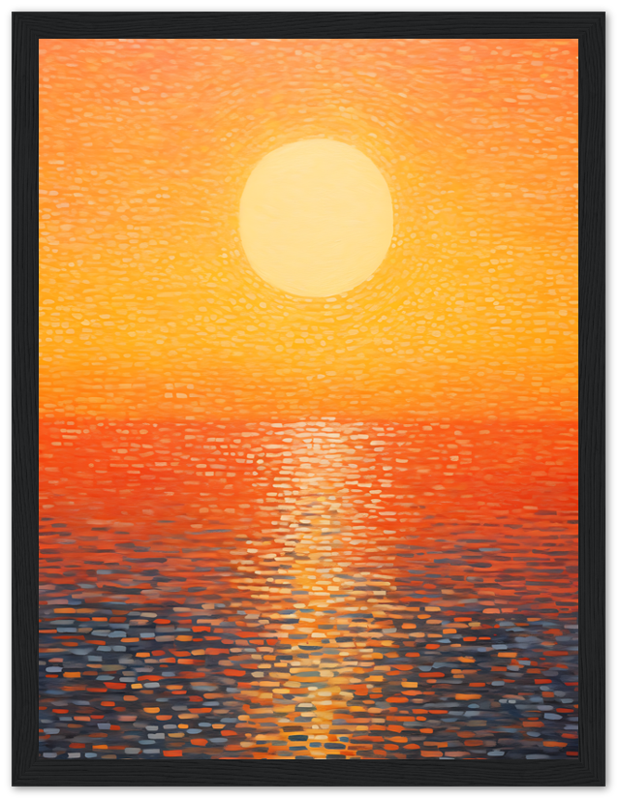 A framed painting of a sunset with a large sun over a body of water, in warm colors.