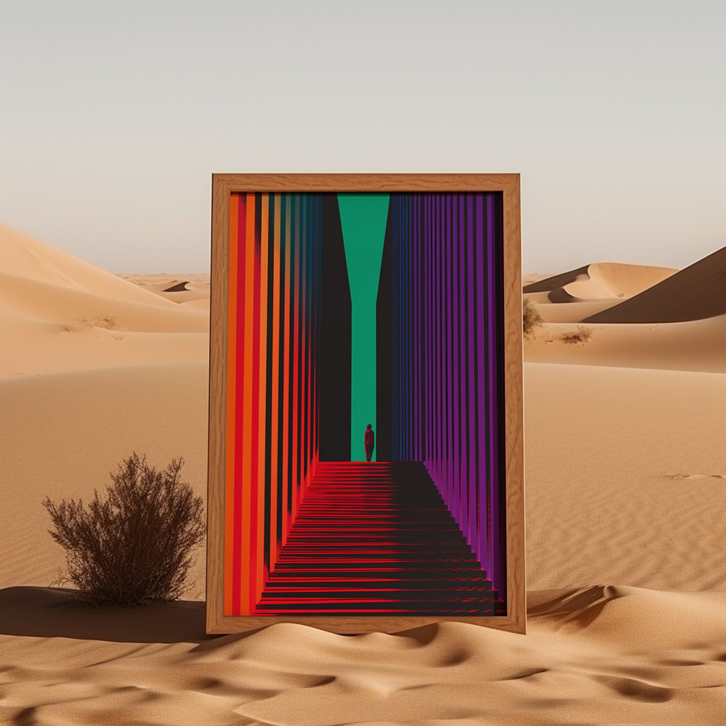 A colorful geometric corridor installation in a desert landscape.