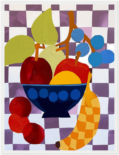 Abstract artwork of a fruit bowl with colorful, stylized shapes.