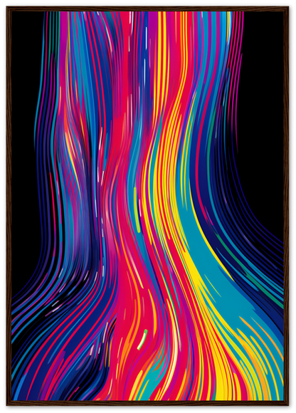 An abstract artwork with colorful wavy lines in a wooden frame.