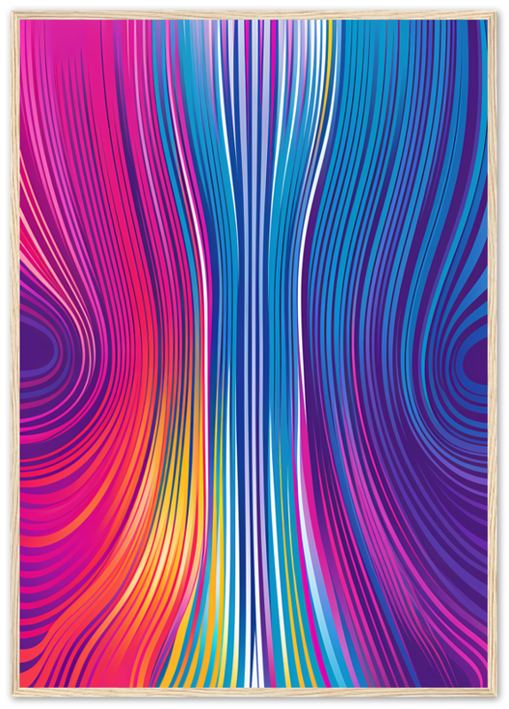 Abstract colorful swirls with blue and pink tones in a white frame.