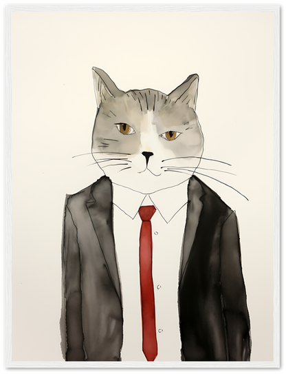 Illustration of a cat with a human body dressed in a suit and red tie.