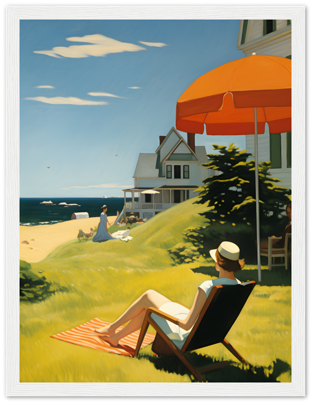 A painting of a person relaxing on a beach chair with an ocean view, under an umbrella, framed in wood.