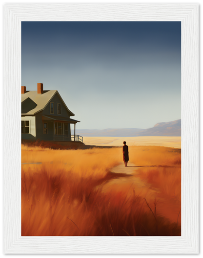 A framed artwork of a person standing in a field near a house at sunset.