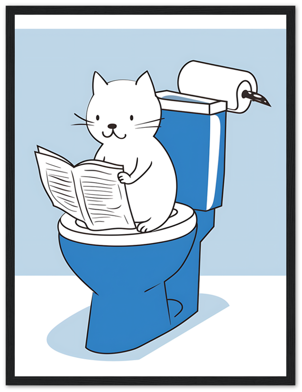 A cartoon cat reading a newspaper while sitting on a toilet.