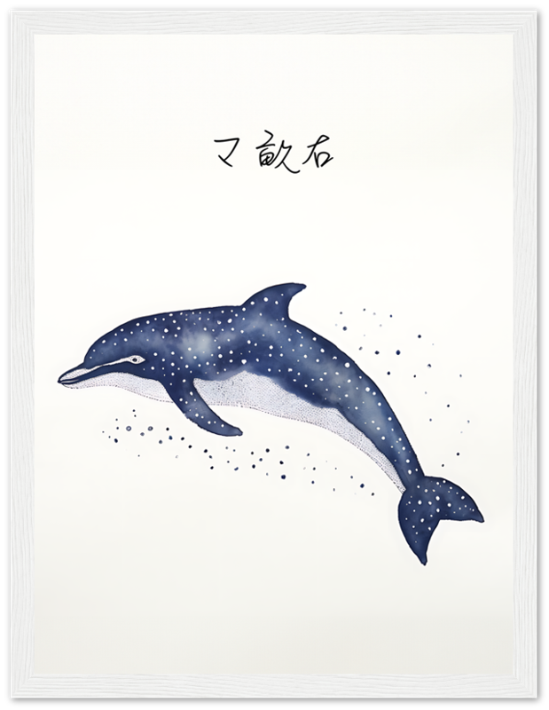 Illustration of a star-patterned dolphin on a white background with Japanese calligraphy above it.