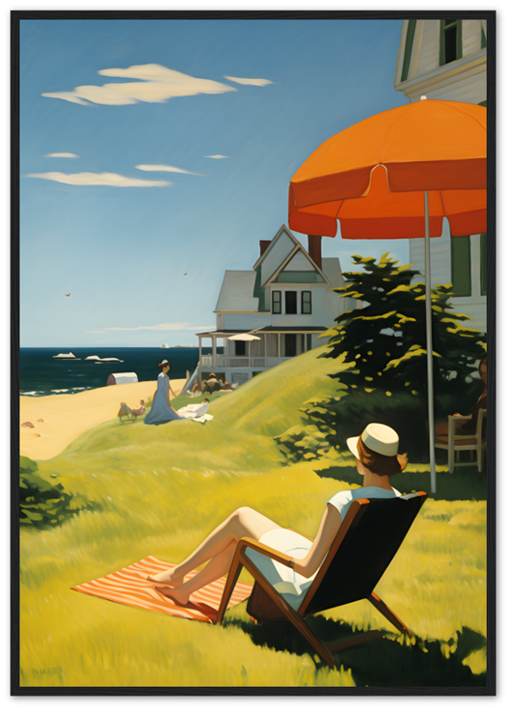 A painting of a person relaxing on a beach chair with an ocean view, under an umbrella, framed in wood.