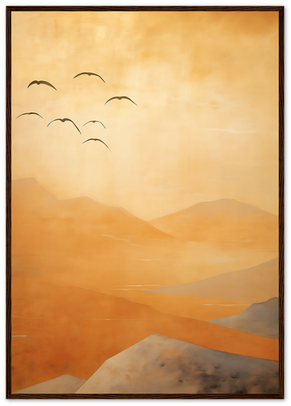A minimalist painting of hazy orange mountains with a flock of birds flying above.