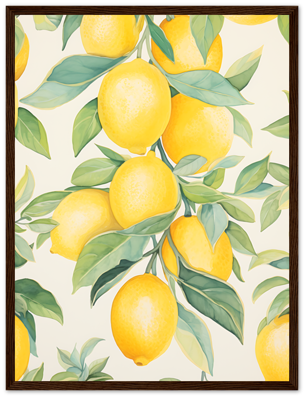 A painting of bright yellow lemons with green leaves on a cream background, framed in wood.