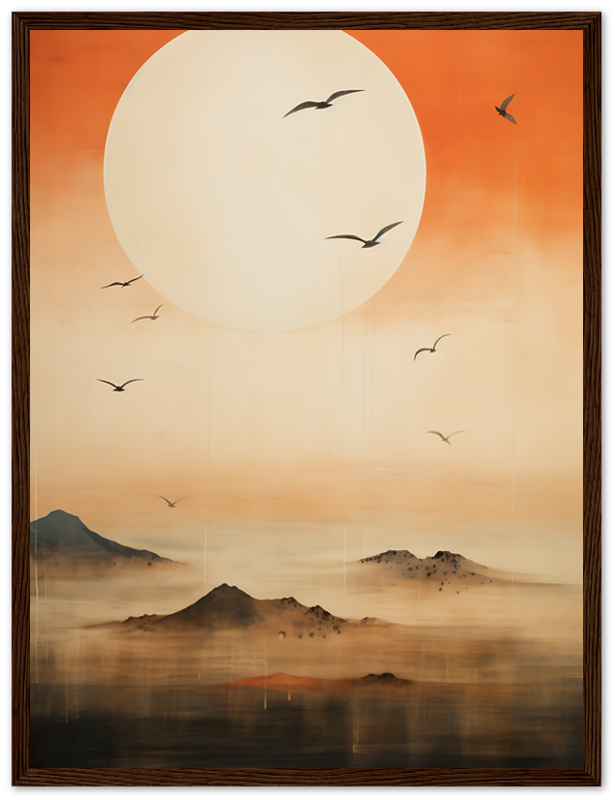 Painting of birds flying over misty mountains with a large sun in the background.