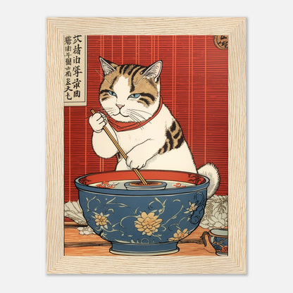 A traditional Japanese woodblock print of a cat eating from a bowl with chopsticks.