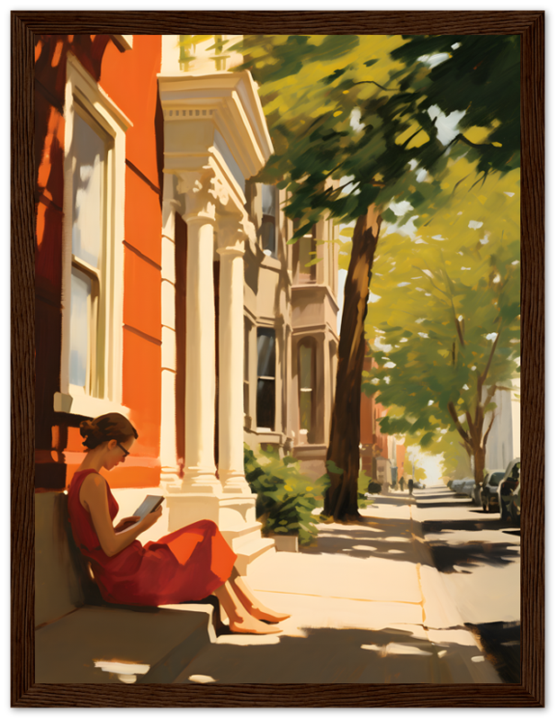 A person reading a book on a sunny city sidewalk.