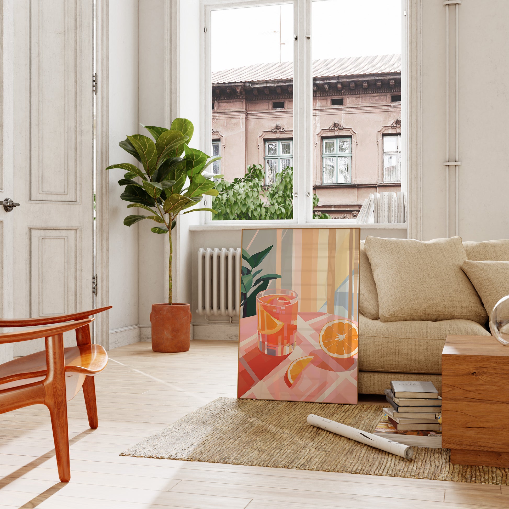 A cozy living room with a painting of a citrus drink leaning against a wall.