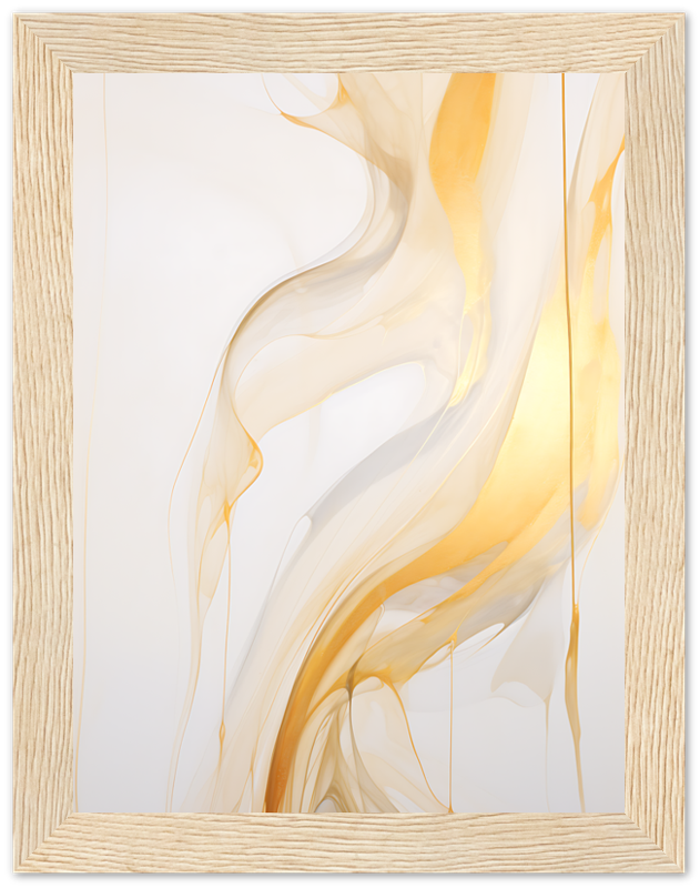 Abstract golden swirls in a white background with a wooden frame.