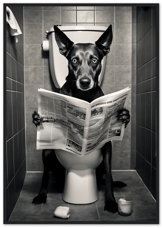 A dog with human hands sitting on a toilet reading a newspaper.