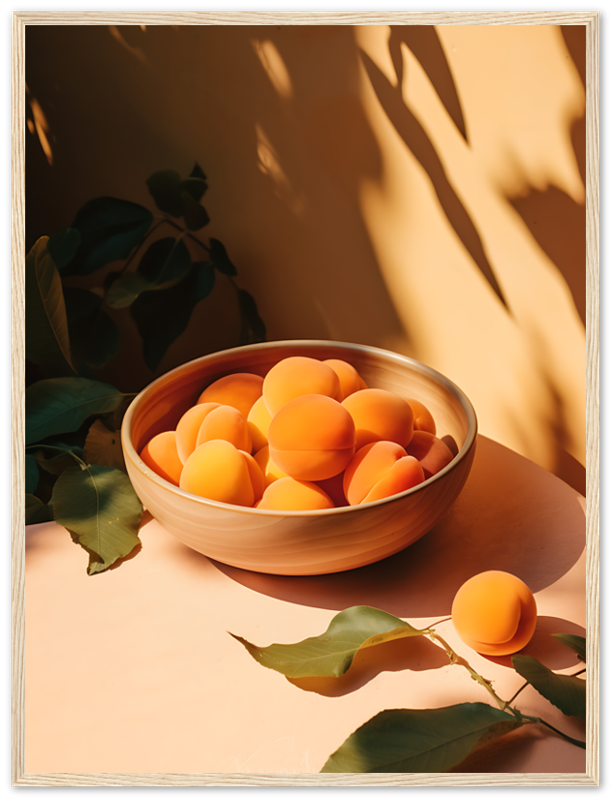 A bowl of apricots bathed in sunlight with shadows of leaves on a warm background.