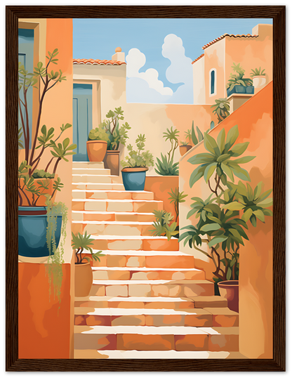Illustration of a sunny Mediterranean staircase with potted plants and houses.