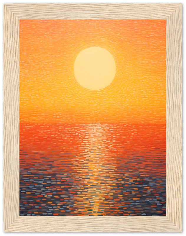 Impressionist style painting of a sunset over water with a wooden frame.