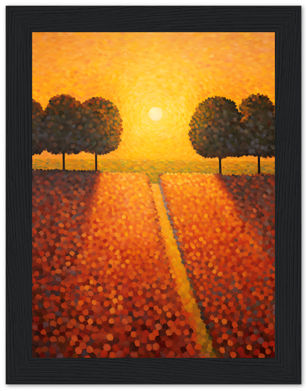 Impressionist style painting of a sunset over a flower field with two trees and a path.
