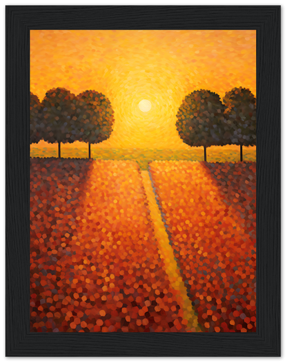 Impressionist style painting of a sunset over a flower field with two trees and a path.