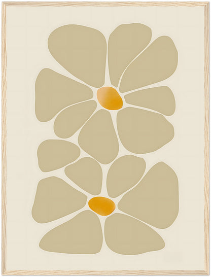 Abstract floral design in earth tones, framed with a wooden border.