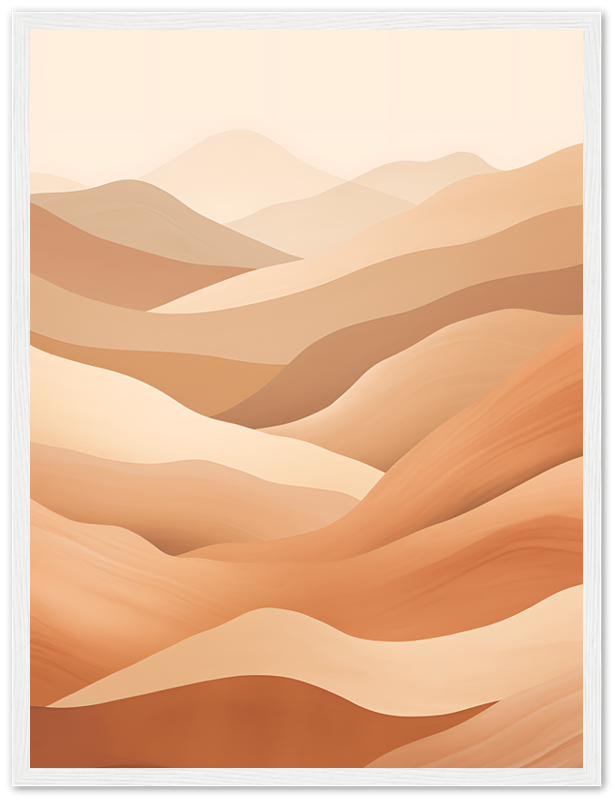 A framed abstract illustration of stylized, wavy desert hills in varying shades of brown.