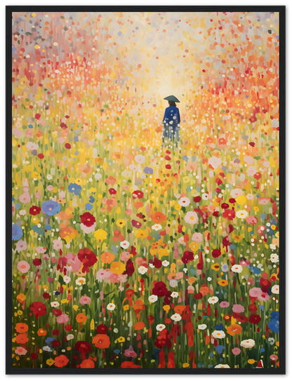 A painting of a person standing amidst a vibrant field of flowers displayed in a white frame.