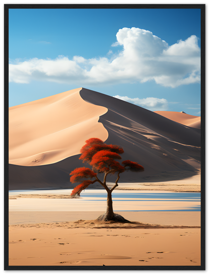 Framed image of a solitary tree with red leaves against large sand dunes under a blue sky with clouds.