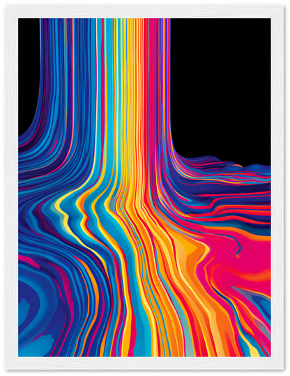 A framed abstract artwork with flowing multicolored lines on a black background.